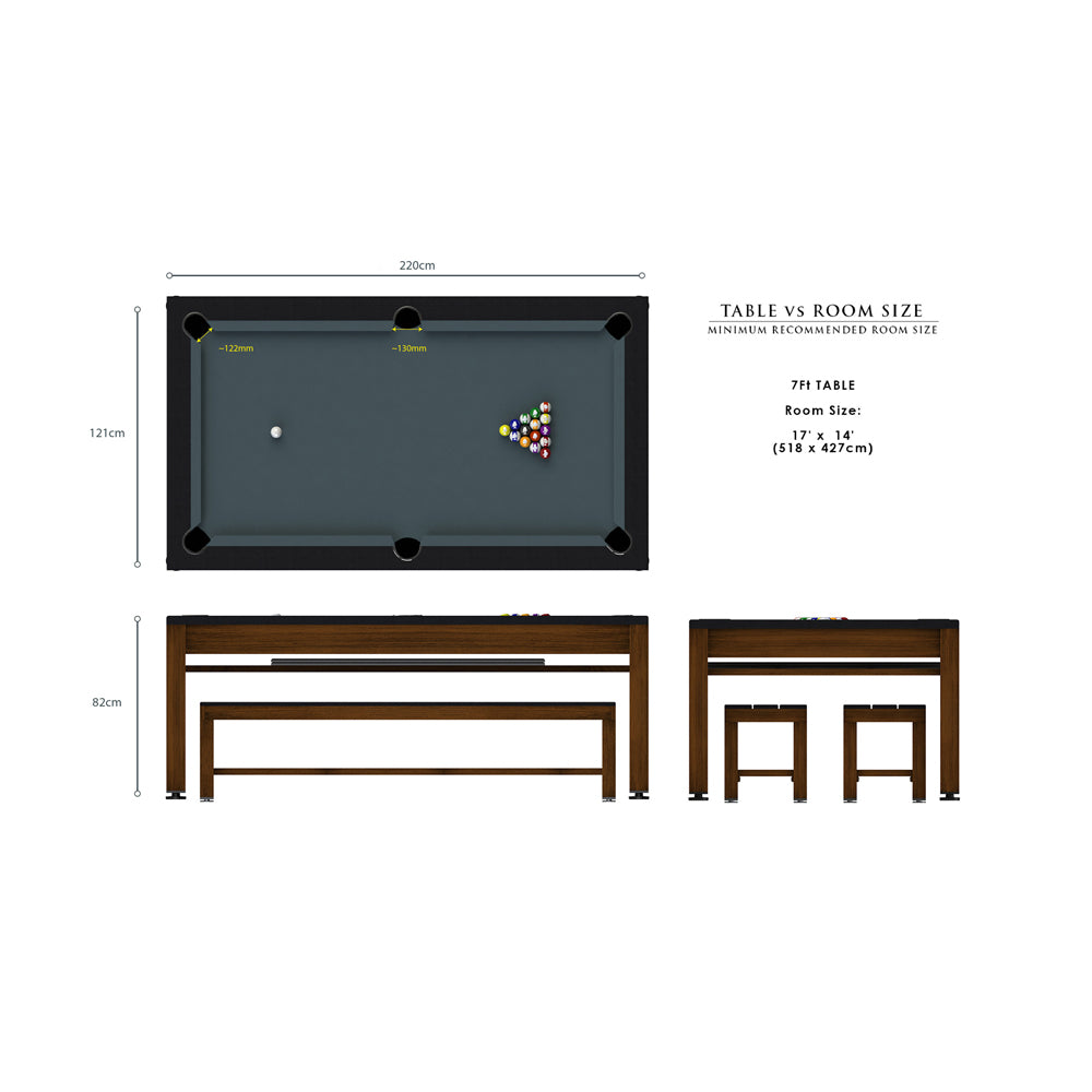 7ft Riley Neptune 3 in 1 Outdoor American Pool Diner and Table Tennis Table - Black/Brown