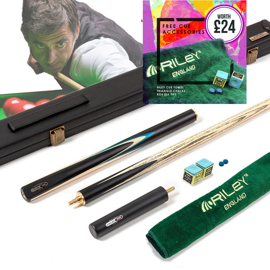Riley Ronnie O'Sullivan 3 Piece Snooker Cue and Hard Case 3/4 Cut- Layered Ebonised Black Wood Butt - 9.5mm Tip - 145cm - Black/ Green/ Natural Wood
