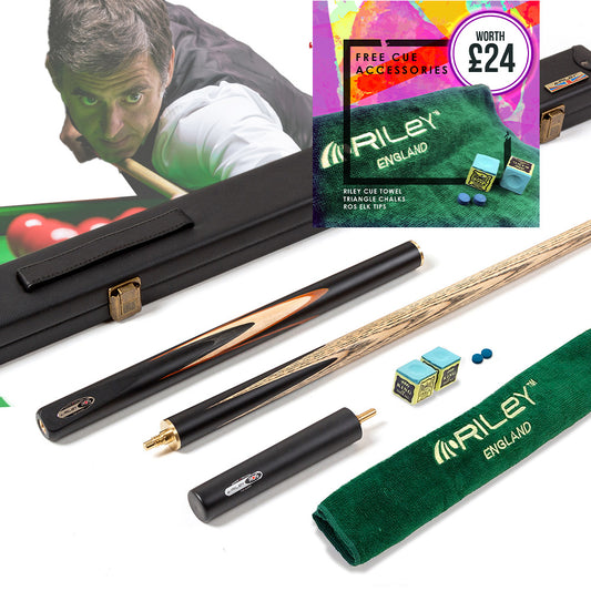 Riley Ronnie O'Sullivan 3 Piece Snooker Cue and Hard Case 3/4 Cut- Layered Ebonised Black Wood Butt - 9.5mm Tip - 145cm - Black/ Tan/ Grey/ Natural