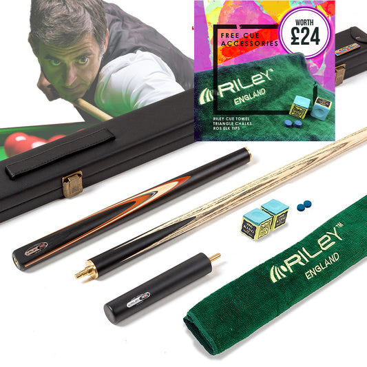 Riley Ronnie O'Sullivan 3 Piece Snooker Cue and Hard Case 3/4 Cut- Layered Ebonised Black Wood Butt - 9.5mm Tip - 145cm - Black/ Tan/ Natural Wood