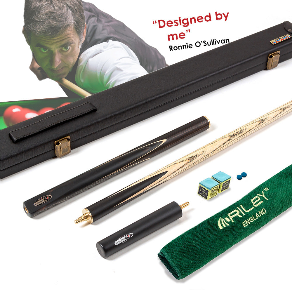 Riley Ronnie O'Sullivan 3 Piece Snooker Cue and Hard Case 3/4 Cut- Layered Ebonised Black Wood Butt - 9.5mm Tip - 145cm - Black/ Grey