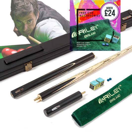 Riley Ronnie O'Sullivan 3 Piece Snooker Cue and Hard Case 3/4 Cut- Layered Ebonised Black Wood Butt - 9.5mm Tip - 145cm - Black/ Grey
