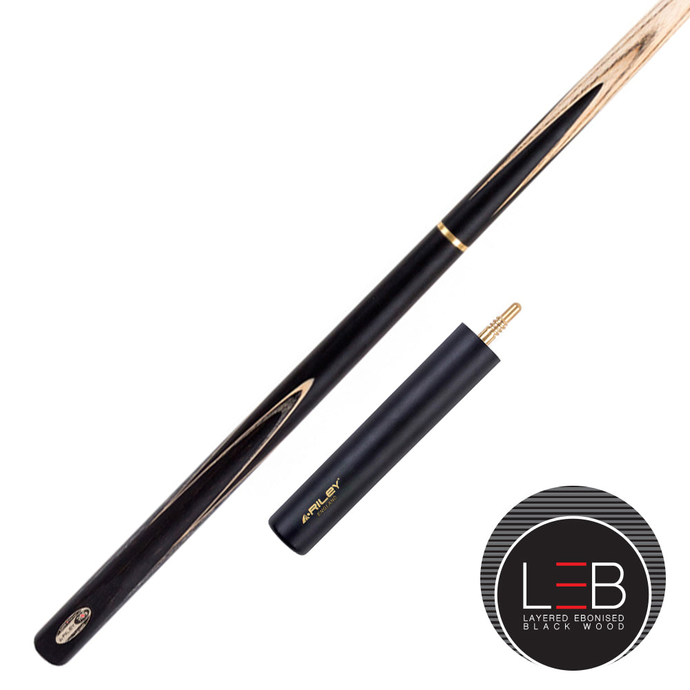 Riley Ronnie O'Sullivan 3 Piece Snooker Cue and Hard Case 3/4 Cut- Layered Ebonised Black Wood Butt - 9.5mm Tip - 145cm - Black/ Grey