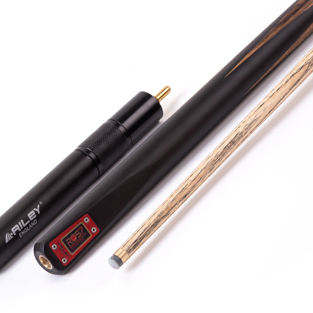 Riley ROS7 - Ronnie O'Sullivan 3 Piece Snooker Cue - 3/4 Cut - Layered Ebonised Black Wood Butt - 9.5mm Tip - 145cm - Black/ Natural Teak Wood