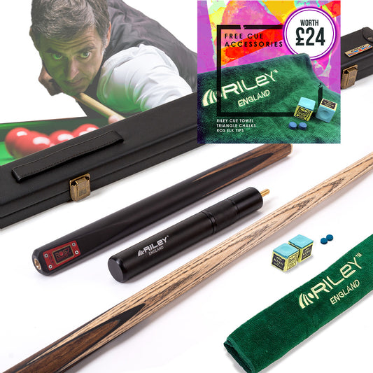 Riley ROS7 - Ronnie O'Sullivan 3 Piece Snooker Cue and Hard Case 3/4 Cut- Layered Ebonised Black Wood Butt - 9.5mm Tip - 145cm - Black/ Natural Teak Wood