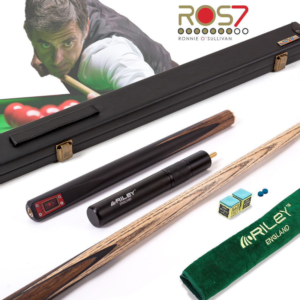 Riley ROS7 - Ronnie O'Sullivan 3 Piece Snooker Cue - 3/4 Cut - Layered Ebonised Black Wood Butt - 9.5mm Tip - 145cm - Black/ Natural Teak Wood