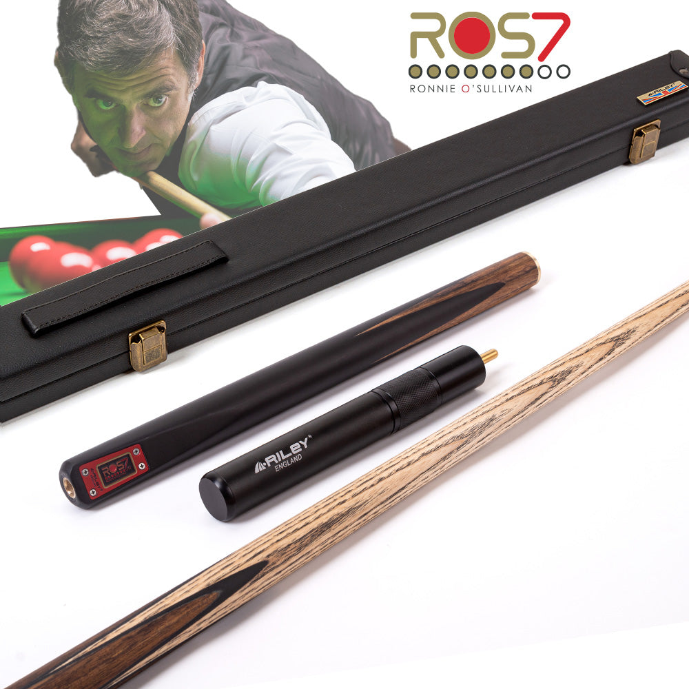 Riley ROS7 - Ronnie O'Sullivan 3 Piece Snooker Cue - 3/4 Cut - Layered Ebonised Black Wood Butt - 9.5mm Tip - 145cm - Black/ Natural Teak Wood