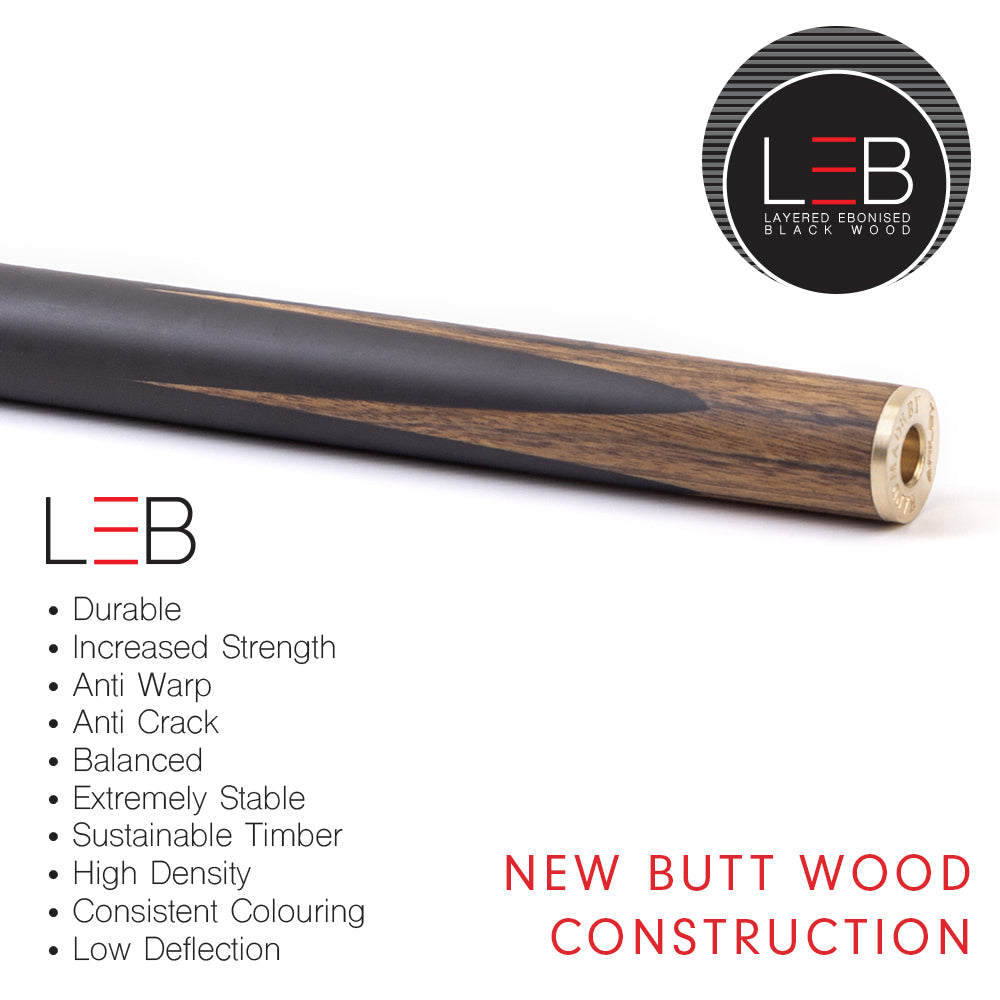 Riley Royal Series - 2 - 3 Piece Snooker Cue - 3/4 Cut - Layered Ebonised Black Wood Butt - 9.5mm Tip - 145cm - Black/Natural Teak Wood