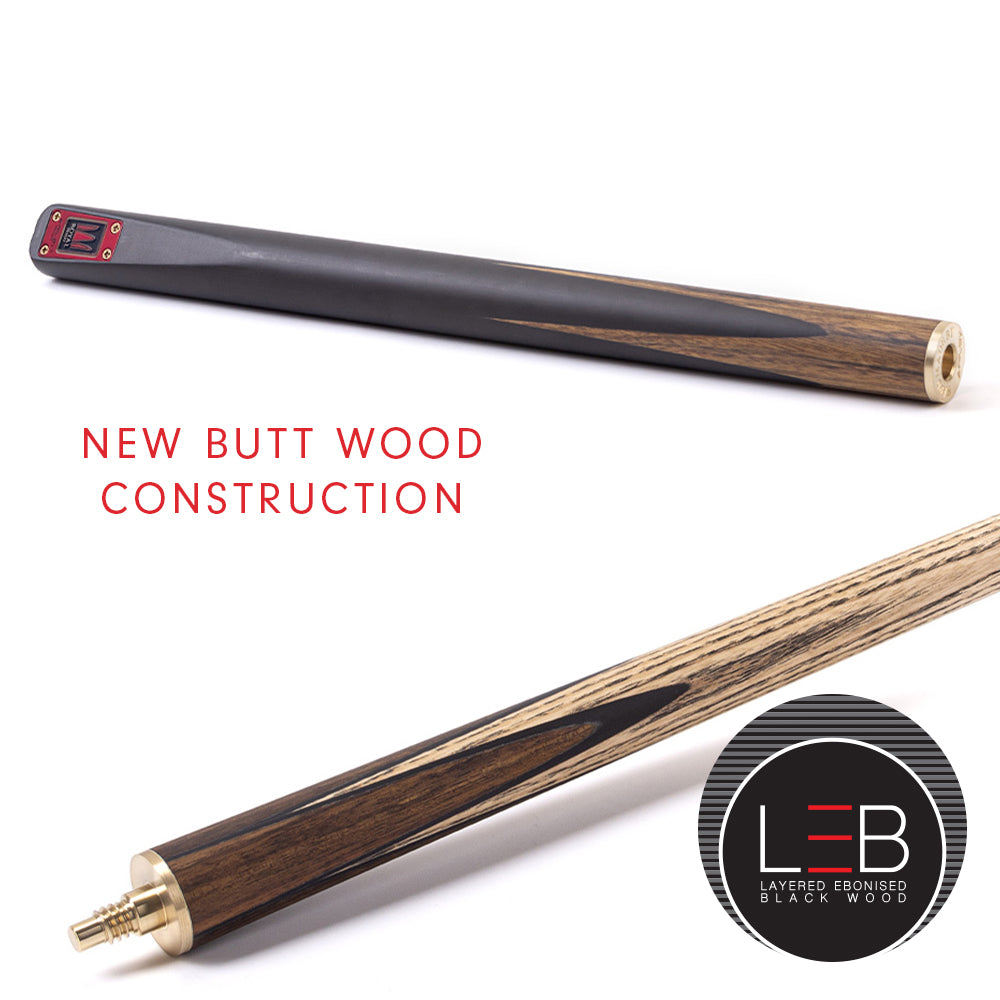 Riley Royal Series - 2 - 3 Piece Snooker Cue - 3/4 Cut - Layered Ebonised Black Wood Butt - 9.5mm Tip - 145cm - Black/Natural Teak Wood