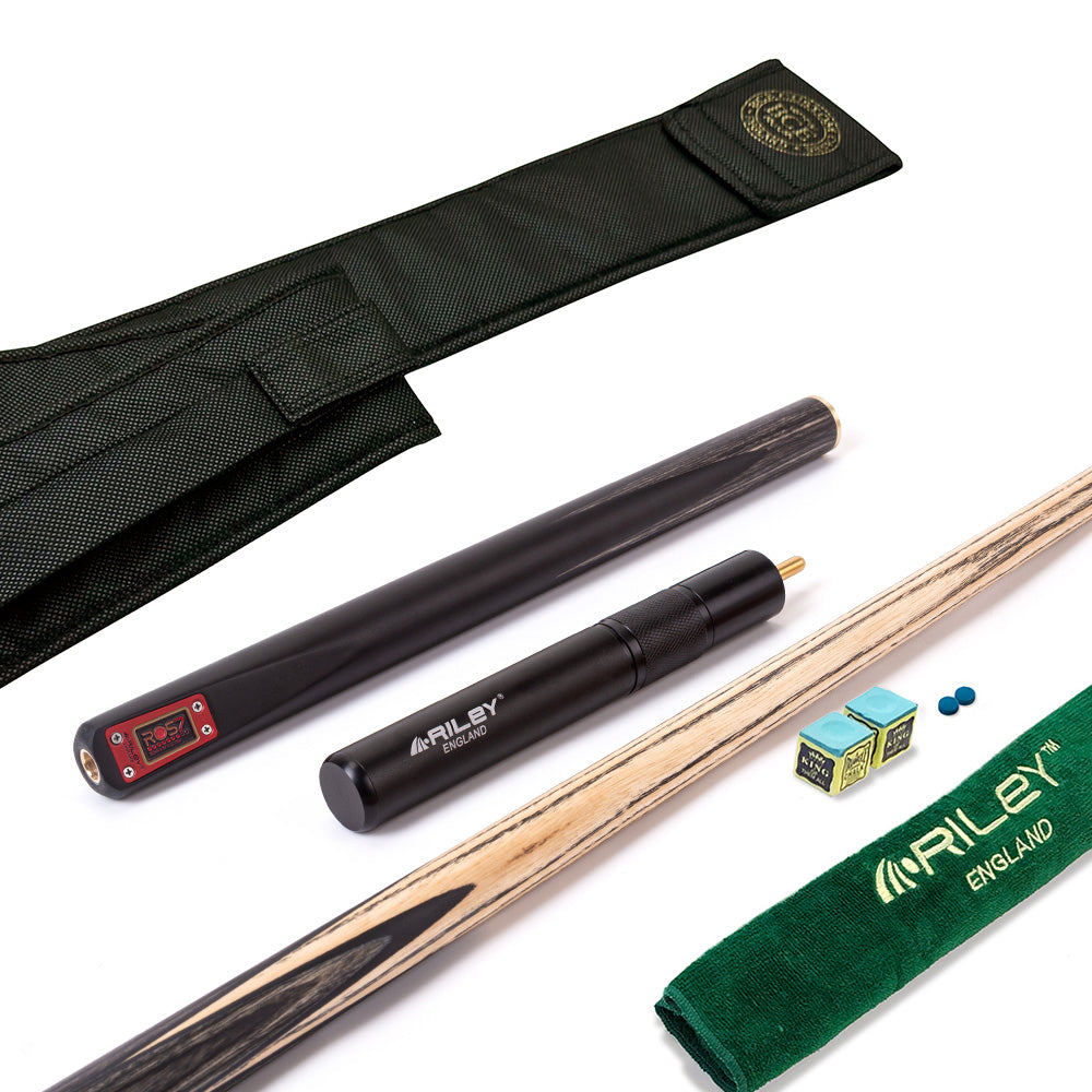 Riley ROS7 - Ronnie O'Sullivan 3 Piece Snooker Cue and Hard Case 3/4 Cut- Layered Ebonised Black Wood Butt - 9.5mm Tip - 145cm - Black/ Grey/ Natural
