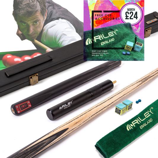 Riley ROS7 - Ronnie O'Sullivan 3 Piece Snooker Cue and Hard Case 3/4 Cut- Layered Ebonised Black Wood Butt - 9.5mm Tip - 145cm - Black/ Grey/ Natural