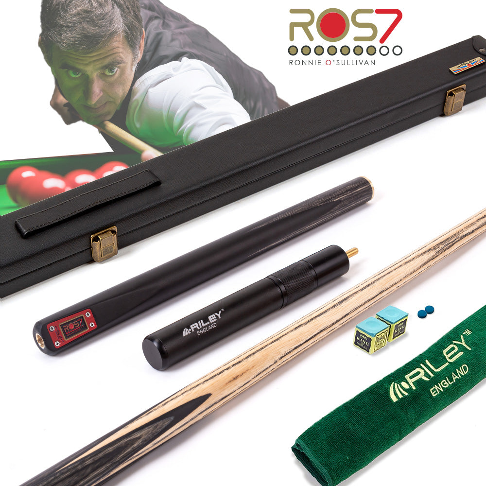 Riley ROS7 - Ronnie O'Sullivan 3 Piece Snooker Cue and Hard Case 3/4 Cut- Layered Ebonised Black Wood Butt - 9.5mm Tip - 145cm - Black/ Grey/ Natural
