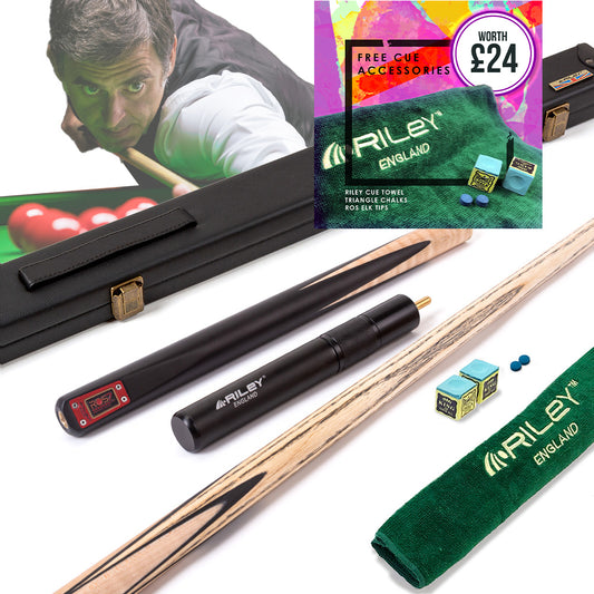 Riley ROS7 - Ronnie O'Sullivan 3 Piece Snooker Cue and Hard Case 3/4 Cut- Layered Ebonised Black Wood Butt - 9.5mm Tip - 145cm - Black/ Natural Birds Eye Maple Wood