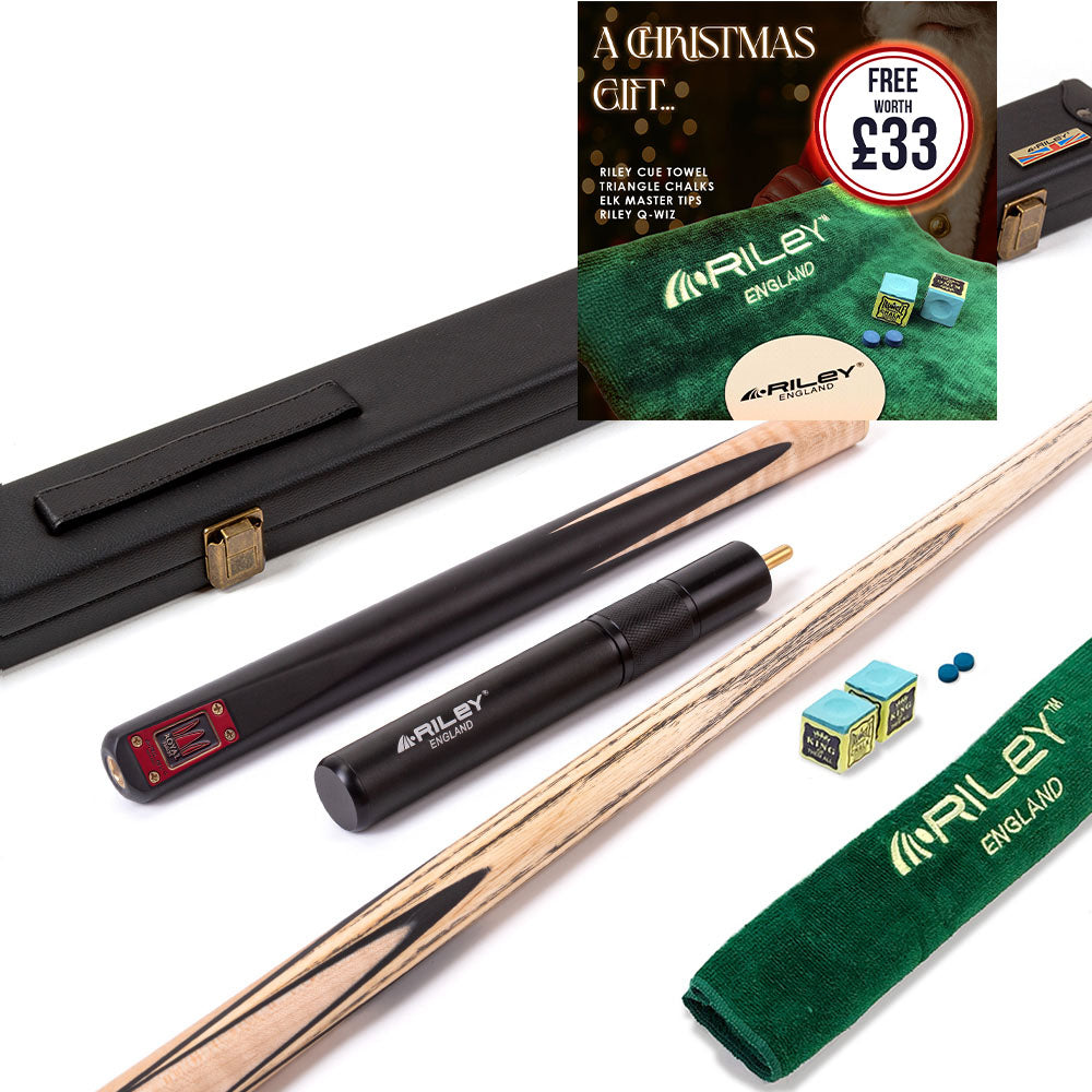 Riley Royal Series - 1 - 3 Piece Snooker Cue - 3/4 Cut - Layered Ebonised Black Wood Butt - 9.5mm Tip - 145cm - Black/ Natural Birds Eye Maple Wood