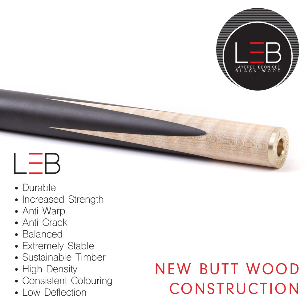 Riley Royal Series - 1 - 3 Piece Snooker Cue - 3/4 Cut - Layered Ebonised Black Wood Butt - 9.5mm Tip - 145cm - Black/ Natural Birds Eye Maple Wood