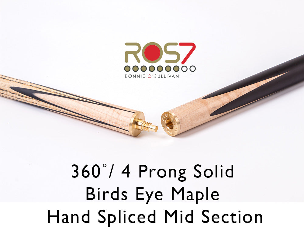 Riley ROS7 - Ronnie O'Sullivan 3 Piece Snooker Cue and Hard Case 3/4 Cut- Layered Ebonised Black Wood Butt - 9.5mm Tip - 145cm - Black/ Natural Birds Eye Maple Wood