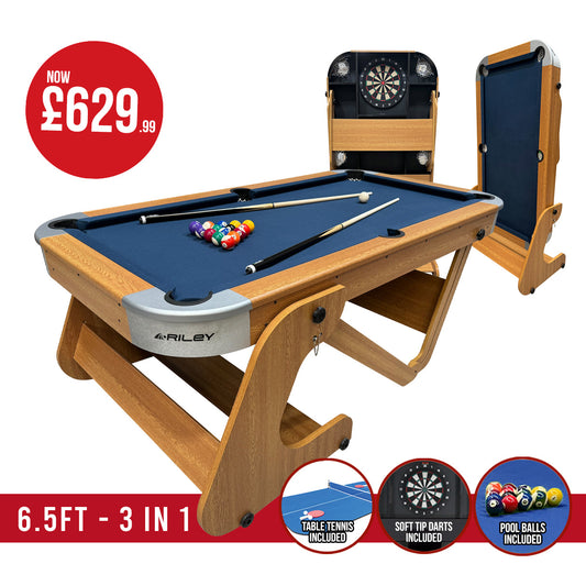 Riley 6ft 6In Supersize Folding Pool Table - Beech Finish with Blue Cloth - Folds Vertically - Free Table Tennis Top