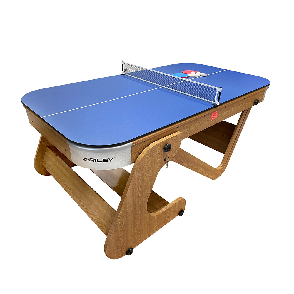 Riley 6ft 6In Supersize Folding Pool Table - Beech Finish with Blue Cloth - Folds Vertically - Free Table Tennis Top