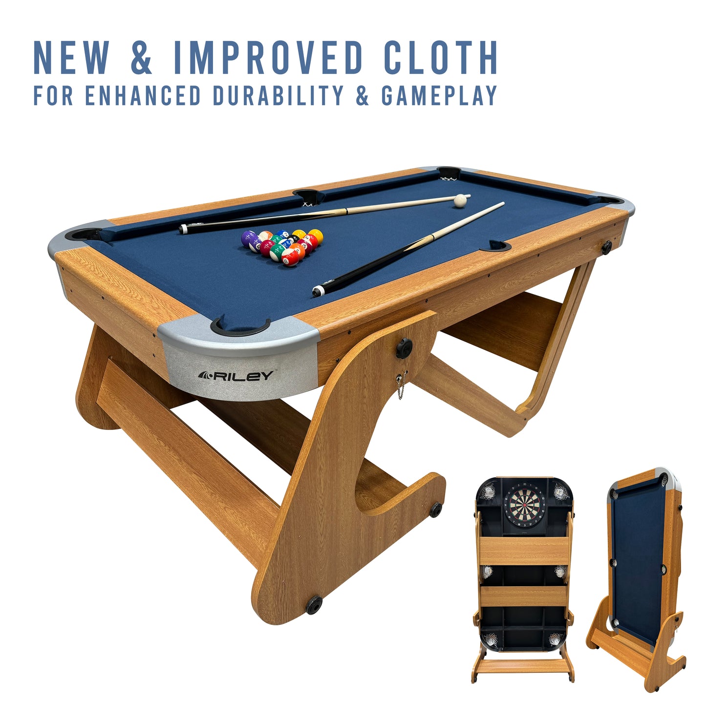 Riley 6ft 6In Supersize Folding Pool Table - Beech Finish with Blue Cloth - Folds Vertically - Free Table Tennis Top