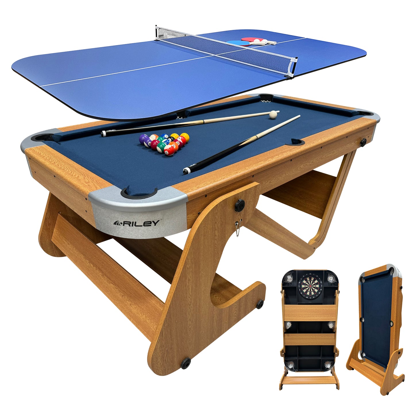 Riley 6ft 6In Supersize Folding Pool Table - Beech Finish with Blue Cloth - Folds Vertically - Free Table Tennis Top