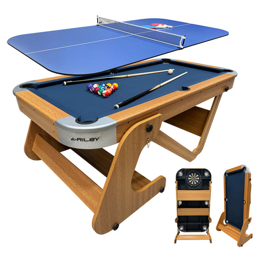 Riley 6ft 6In Supersize Folding Pool Table - Beech Finish with Blue Cloth - Folds Vertically - Free Table Tennis Top
