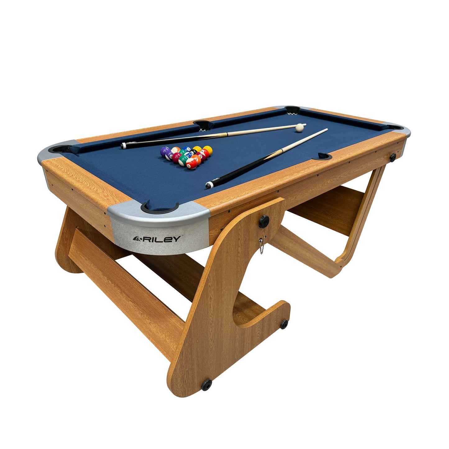 Riley 6ft 6In Supersize Folding Pool Table - Beech Finish with Blue Cloth - Folds Vertically - Free Table Tennis Top