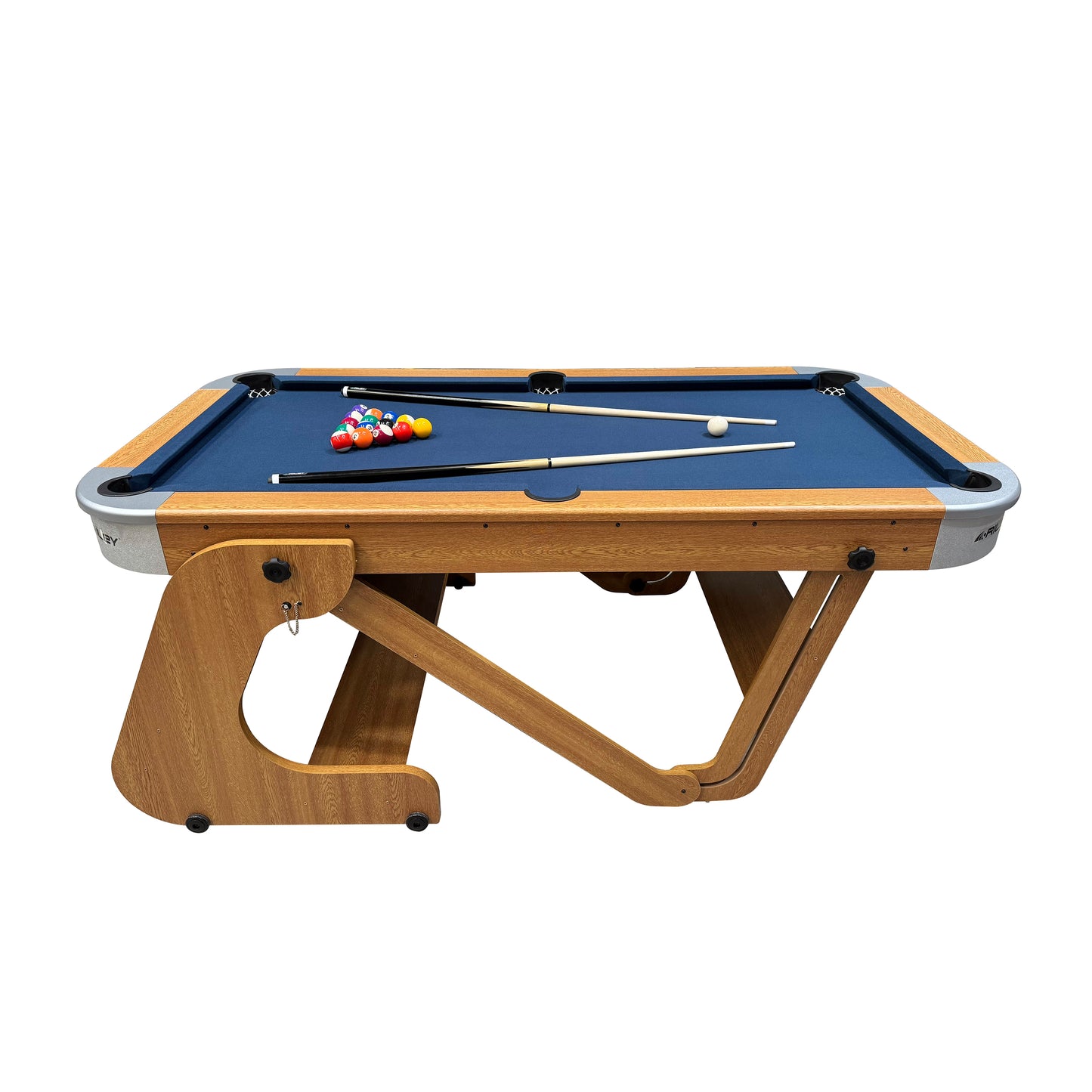 Riley 6ft 6In Supersize Folding Pool Table - Beech Finish with Blue Cloth - Folds Vertically - Free Table Tennis Top