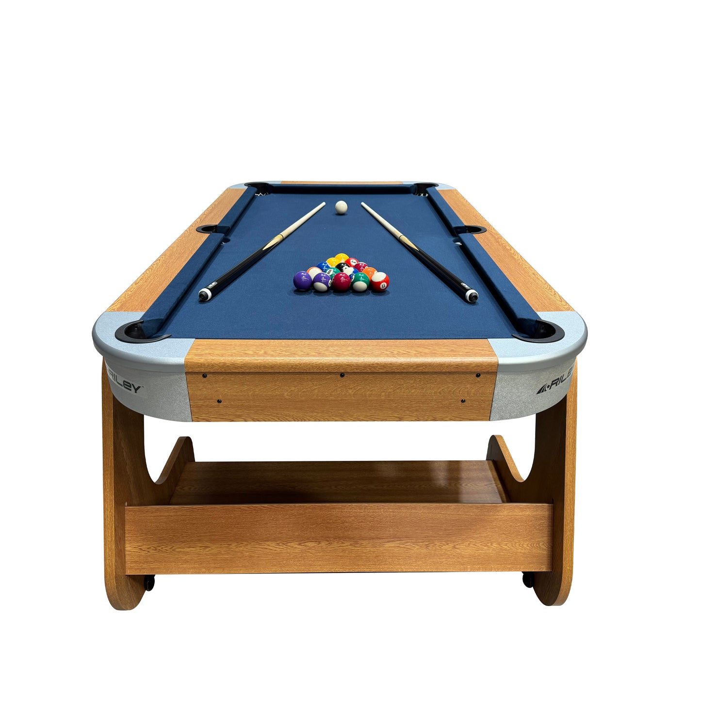 Riley 6ft 6In Supersize Folding Pool Table - Beech Finish with Blue Cloth - Folds Vertically - Free Table Tennis Top