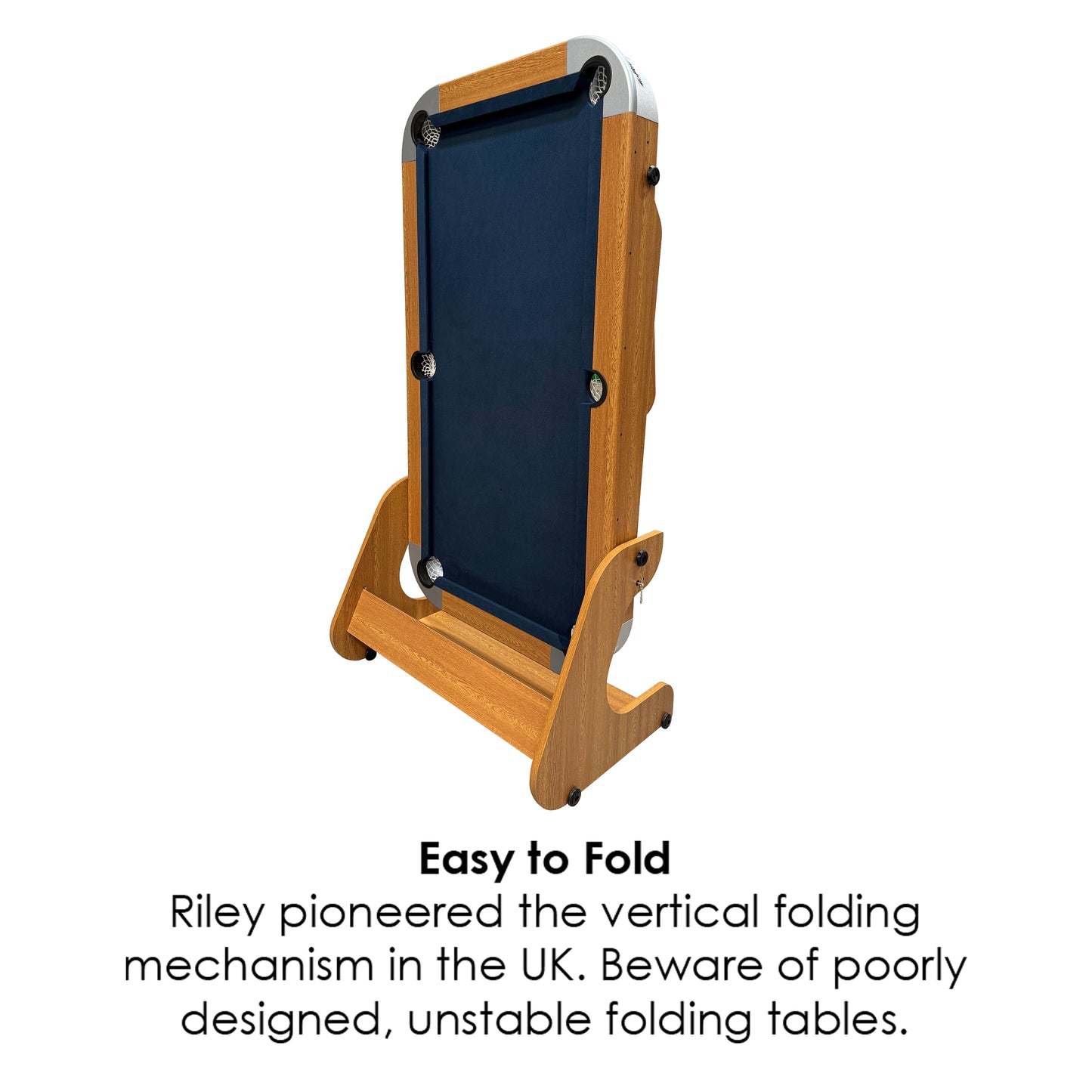 Riley 6ft 6In Supersize Folding Pool Table - Beech Finish with Blue Cloth - Folds Vertically - Free Table Tennis Top