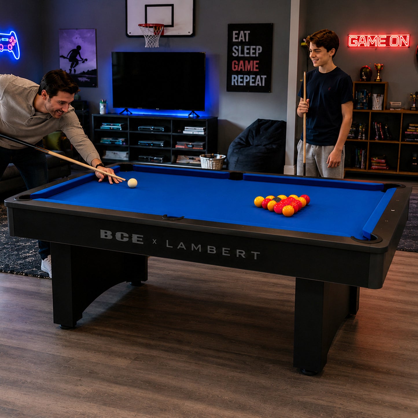 BCE 6ft Snooker/Pool Table - Black/Grey Effect with Blue Cloth - Fixed Leg