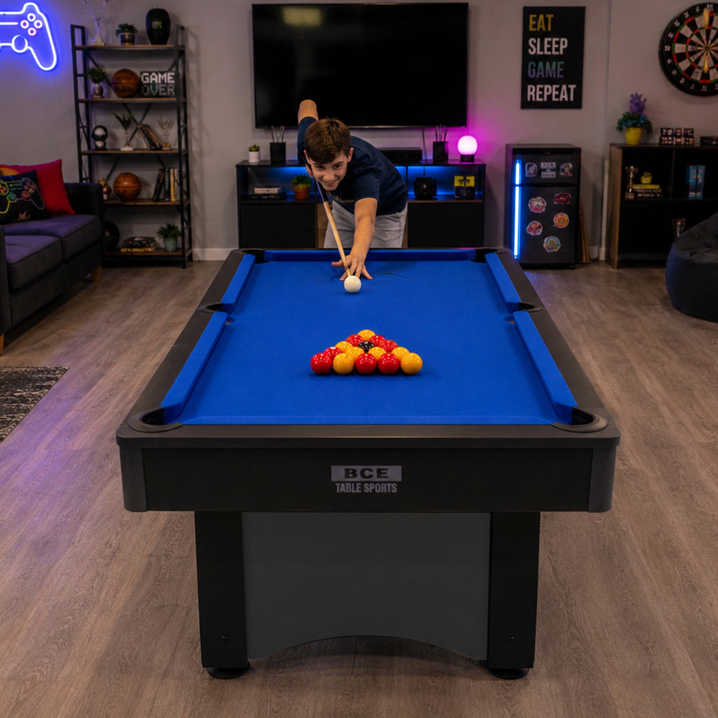 BCE 6ft Snooker/Pool Table - Black/Grey Effect with Blue Cloth - Fixed Leg
