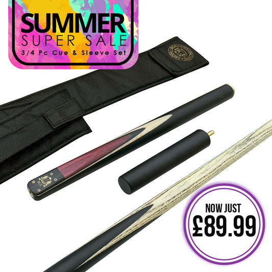 BCE Heritage Snooker/Pool Cue & Sleeve Set - 3/4 Cut - 3 Piece - 9.5mm Tip - 145cm - Black/Natural/Purple