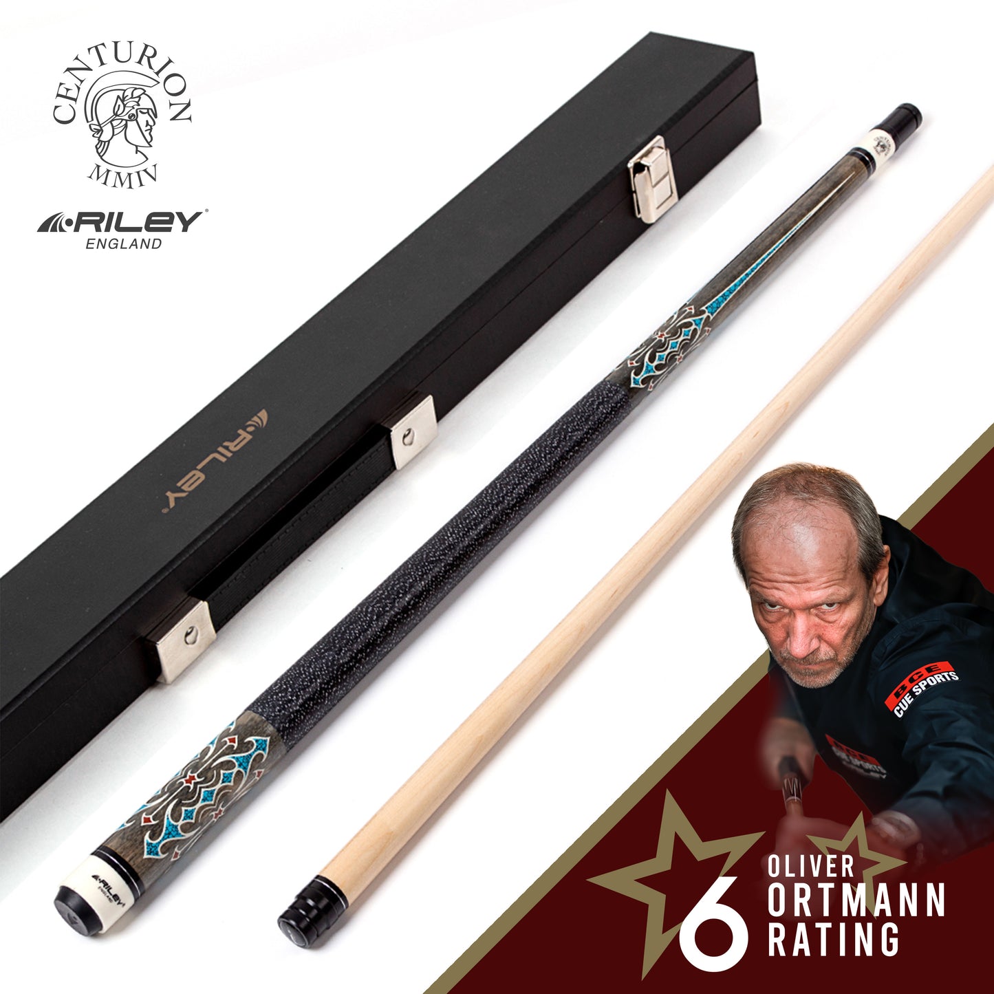 Riley Centurion American Pool Cue - Grey - 13mm Tip and Linen Grip Section - 147cm