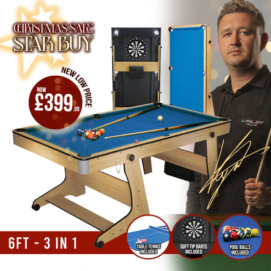BCE 6ft Folding 3 in 1 Pool Table with Table Tennis Top and Dartboard - Blue Cloth/ Beech Finish - Folds Vertically