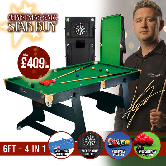 Riley 6ft 4 in 1 Folding Snooker Table - Snooker, Pool, Dartboard and Table Tennis Top - Black/Wood Effect with Green Cloth - Folds Vertically