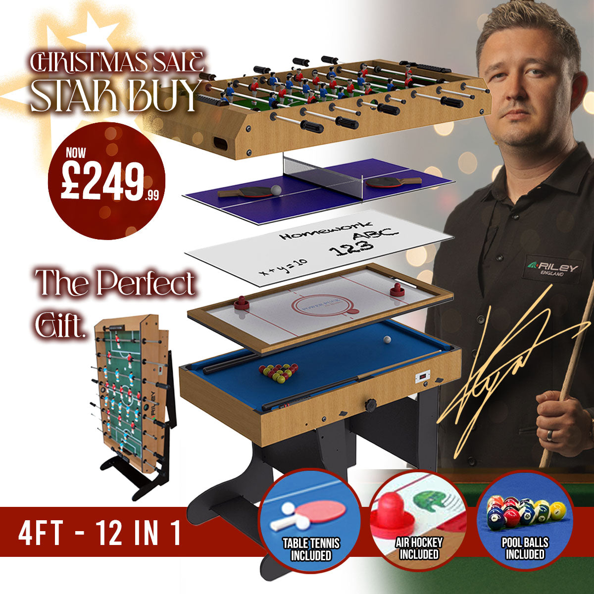 Riley 4ft 12 in 1 Multi Games Table - Natural Wood Finish/ Black Legs - Folds Vertically