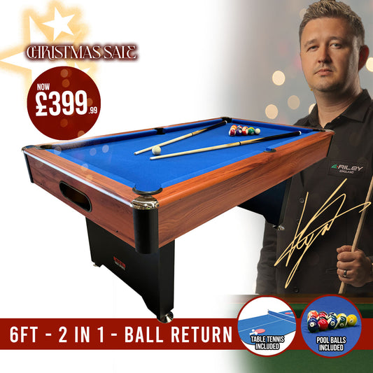 BCE 6ft 2 in 1 American Pool Table with Table Tennis Top - Black/Wood Effect with Blue Cloth - Fixed Leg - Ball Return System