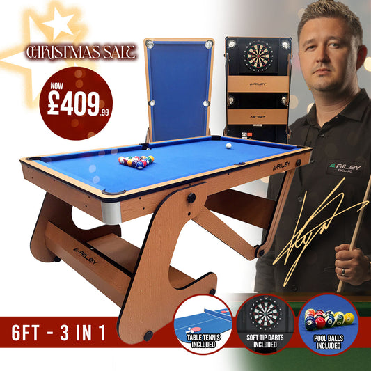 Riley 6ft Folding Pool Table with dartboard - Beech Finish with Blue Cloth - Folds Vertically - Free Table Tennis Top