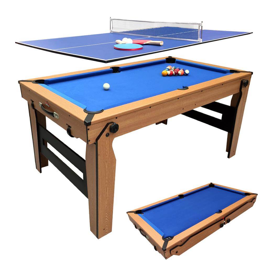 BCE 5ft Razor Folding 2 in 1 Pool Table with Table Tennis Top - Blue Cloth/ Oak Finish - Folds Flat