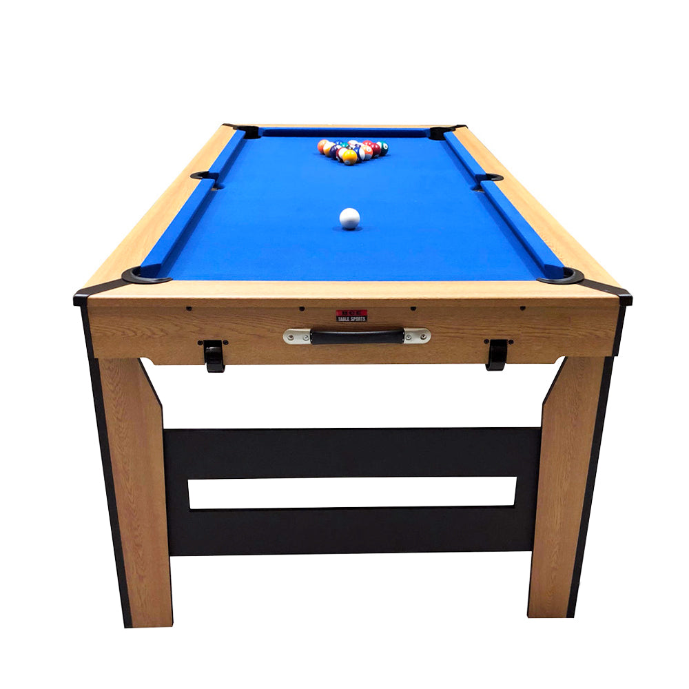 BCE 6ft Razor Folding Pool Table - Blue Cloth/ Oak Finish - Folds Flat - Free Table Tennis Top