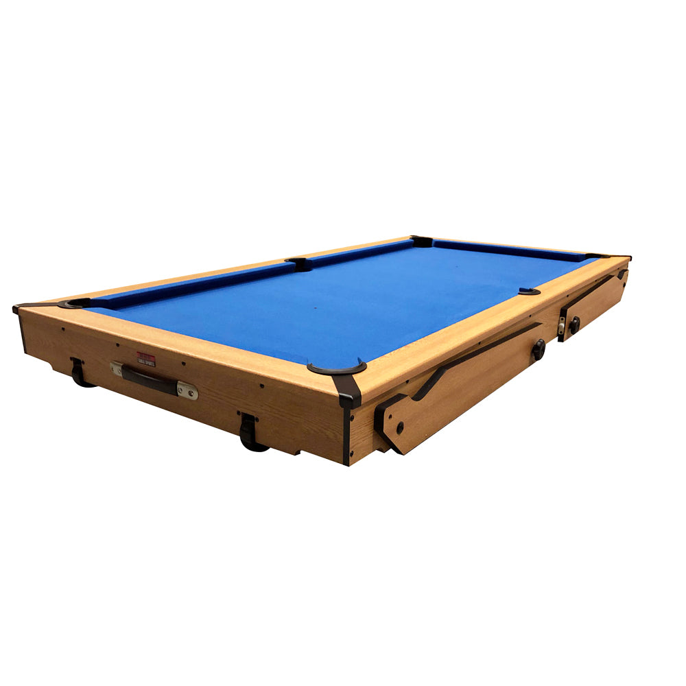 BCE 6ft Razor Folding Pool Table - Blue Cloth/ Oak Finish - Folds Flat - Free Table Tennis Top