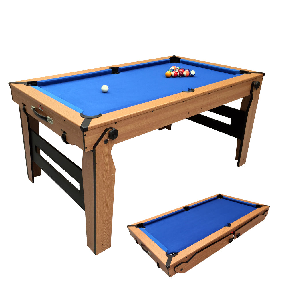 BCE 6ft Razor Folding Pool Table - Blue Cloth/ Oak Finish - Folds Flat - Free Table Tennis Top