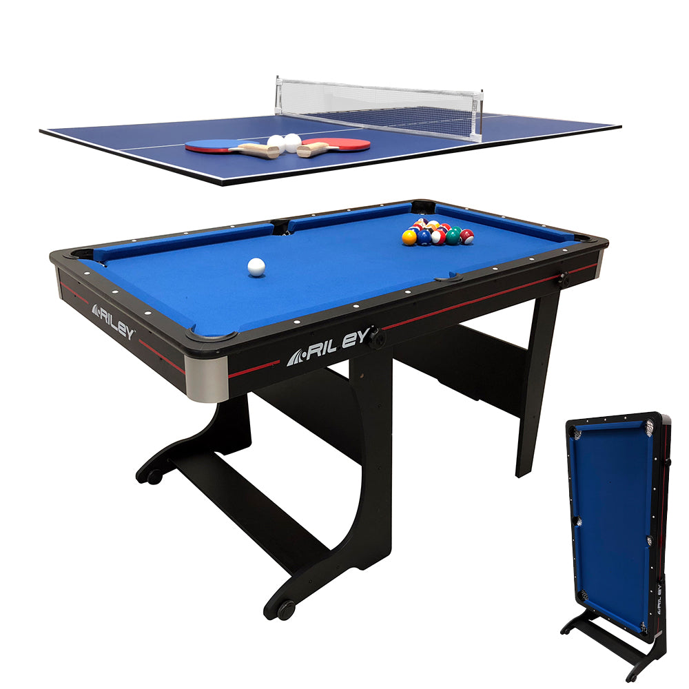 Riley 5ft 2 in 1 Folding Pool Table with Table Tennis Table - Black with Blue Cloth - Folds Vertically
