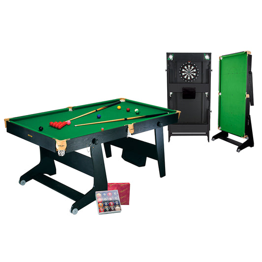 Riley 6ft 3 in 1 Folding Snooker Table - Snooker, Pool and Dartboard - Black/Wood Effect with Green Cloth - Folds Vertically