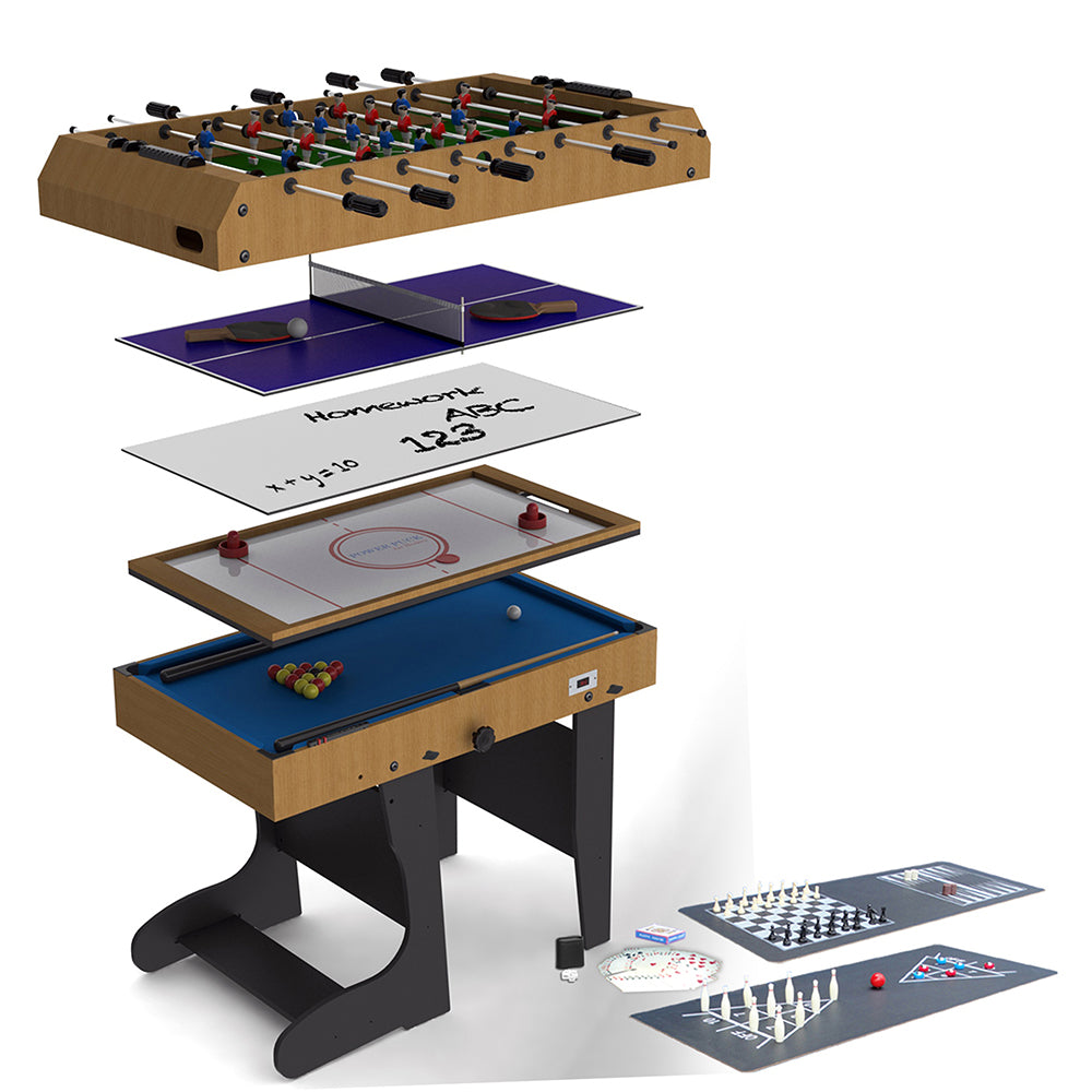 Riley 4ft 12 in 1 Multi Games Table - Natural Wood Finish/ Black Legs - Folds Vertically