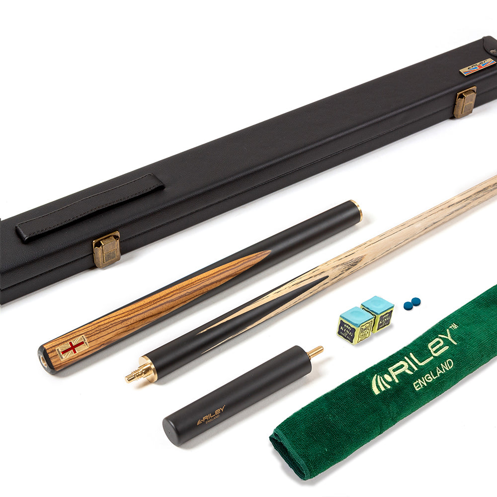 Riley England 3 Piece Snooker Cue and Hard Case 3/4 Cut- Layered Ebonised Blackwood Butt with 9.5mm Tip - 145cm - Black/ Dark Wood