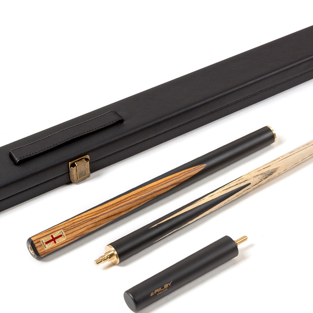 Riley England 3 Piece Snooker Cue and Hard Case 3/4 Cut- Layered Ebonised Blackwood Butt with 9.5mm Tip - 145cm - Black/ Dark Wood