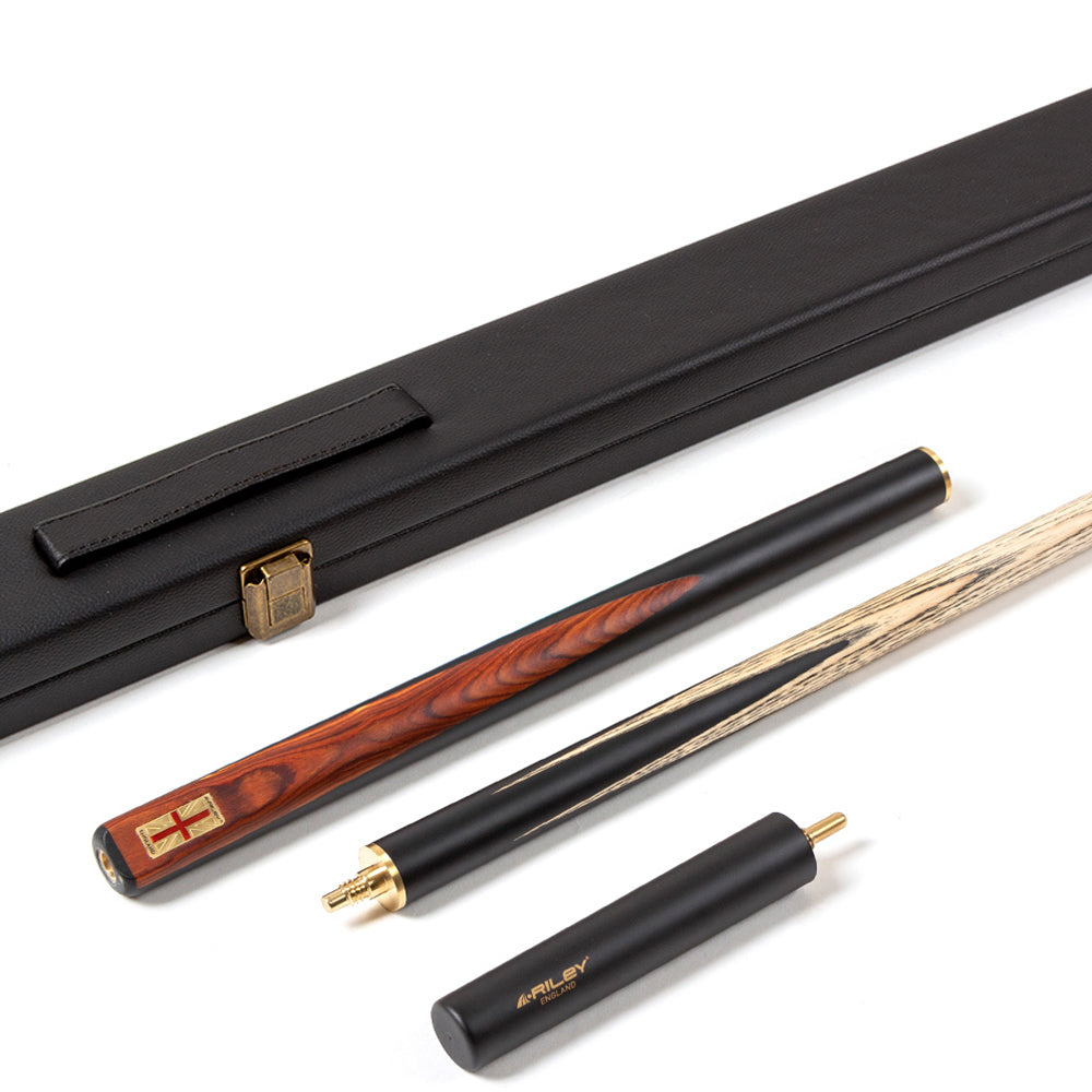 Riley England 3 Piece Snooker Cue and Hard Case 3/4 Cut- Layered Ebonised Black Wood Butt with 9.5mm Tip - 145cm - Black/Brown Wood