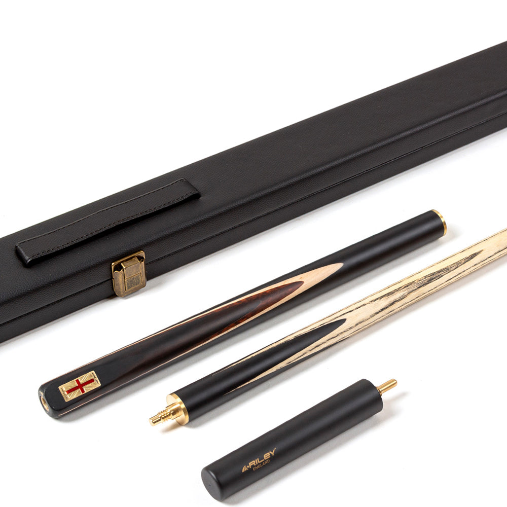 Riley England 3 Piece Snooker Cue and Hard Case 3/4 Cut- Layered Ebonised Black Wood Butt with 9.5mm Tip - 145cm - Black/ Dark Wood/ Maple