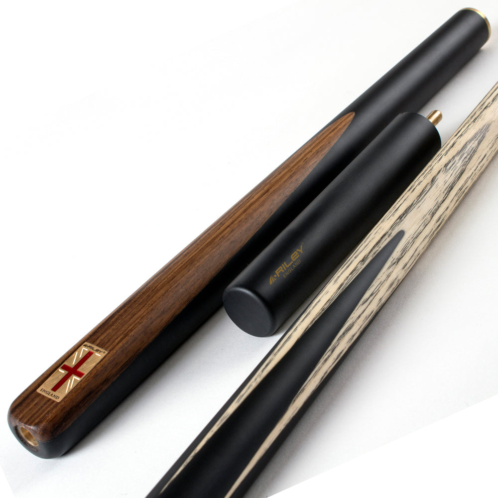 Riley England 3 Piece Snooker Cue and Hard Case 3/4 Cut- Layered Ebonised Blackwood Butt with 9.5mm Tip - 145cm - Black/ Dark Wood